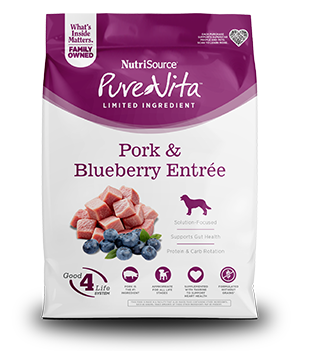 NutriSource PureVita Entrée de porc et bleuets sans grains pour chiens, 4-lb