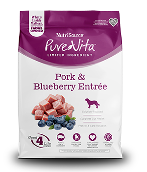 NutriSource PureVita Entrée de porc et bleuets sans grains pour chiens, 25-lb