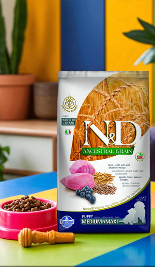 FARMINA N&D GRAINS ANCESTRAUX CHIOT MOYEN/GRAND AGNEAU & BLEUET